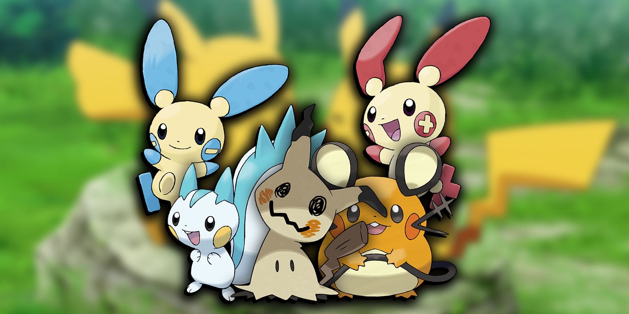Pokemon - All The Pikachu-Like Pokemon PNGs Overlaid On Image Of Two Pikachus Eating Together