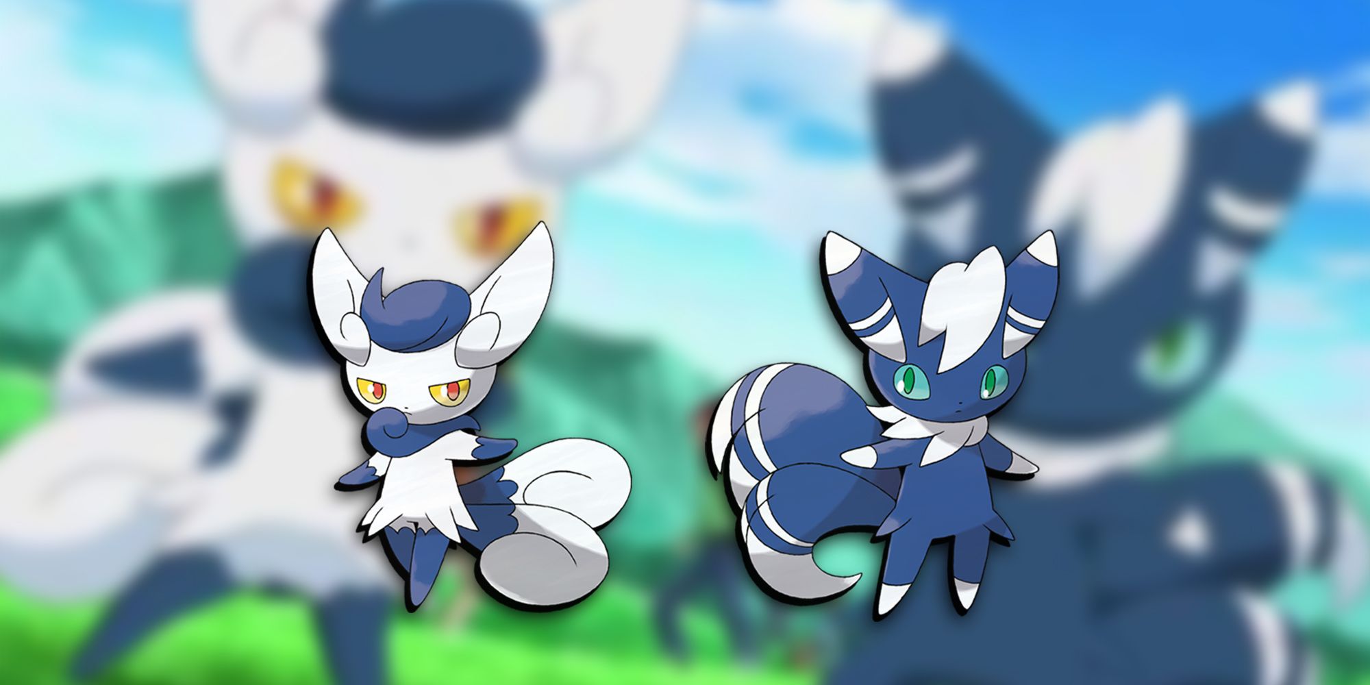 Pokemon - Meowstic Male and Female Forms Overlaid On Image Of Both Forms Being Used In Pokemon Anime