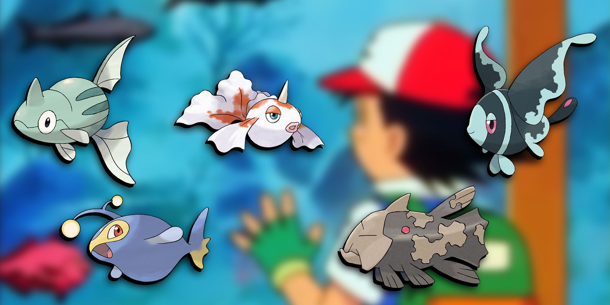 Pokemon - Some Fish Pokemon PNGs Overlaid On Image Of Ash Looking Into A Fish Tank