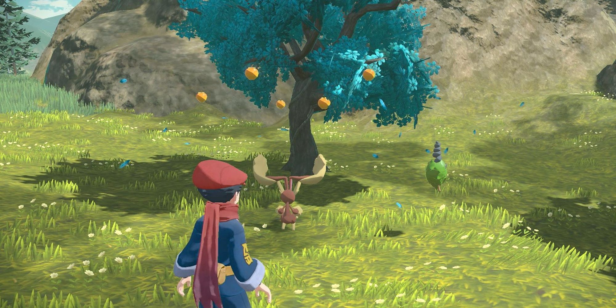 player throwing pokemon at tree to collect berries