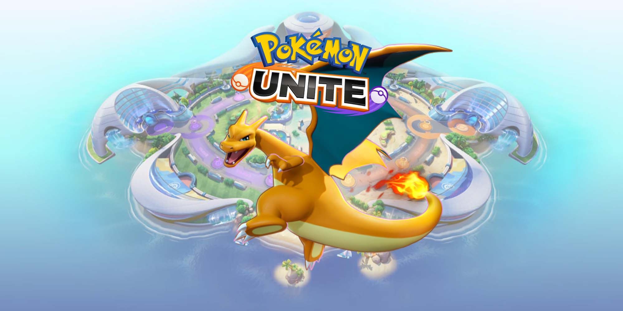 Charizard from Pokemon Unite in front of an image of the island and game logo