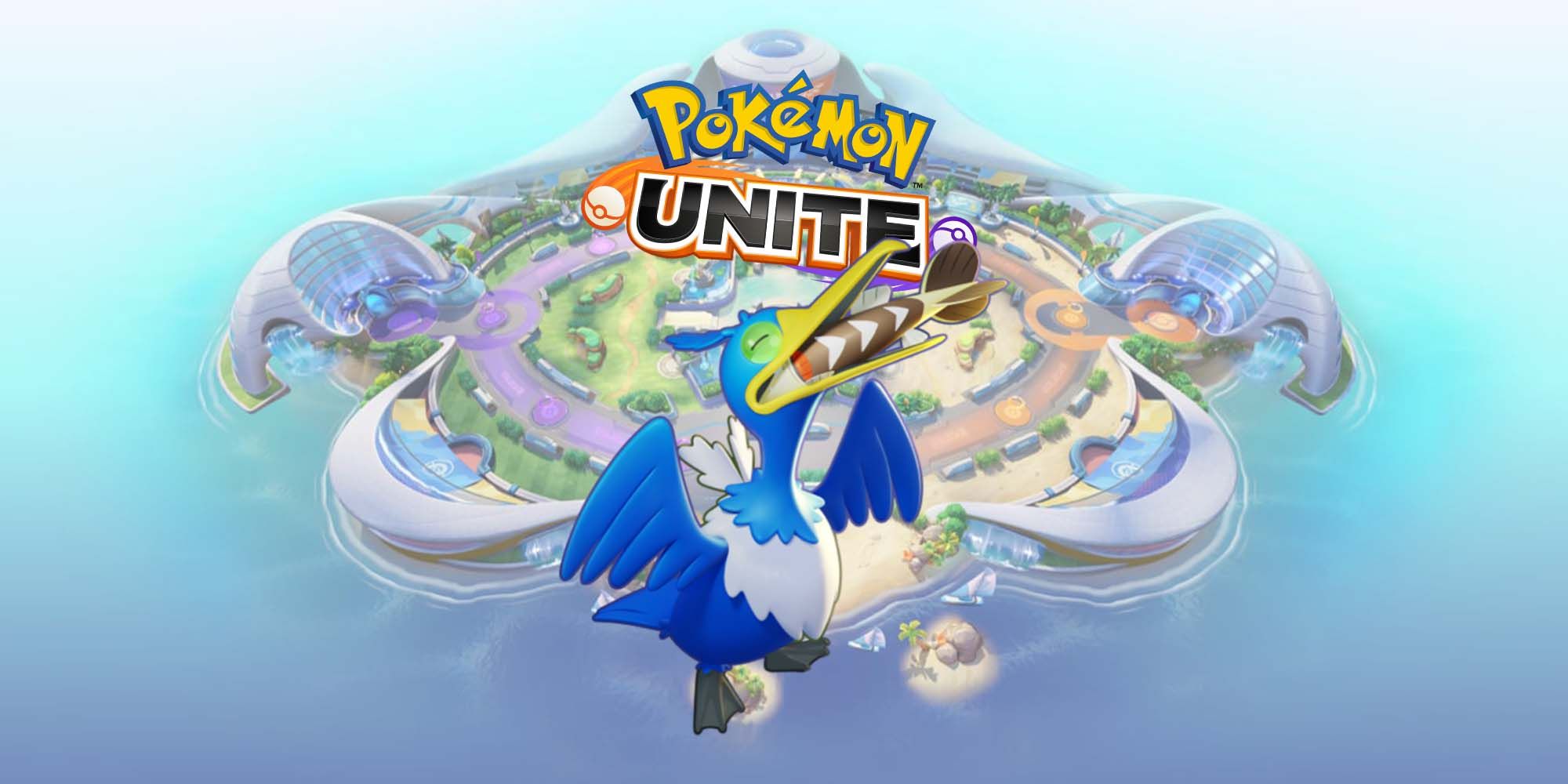 Cramorant from Pokemon Unite in front of an image of the island and game logo