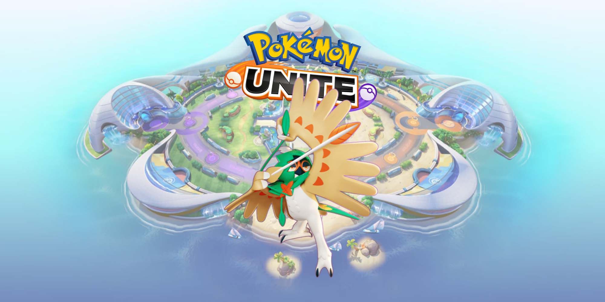 D|ecidueye from Pokemon Unite in front of an image of the island and game logo