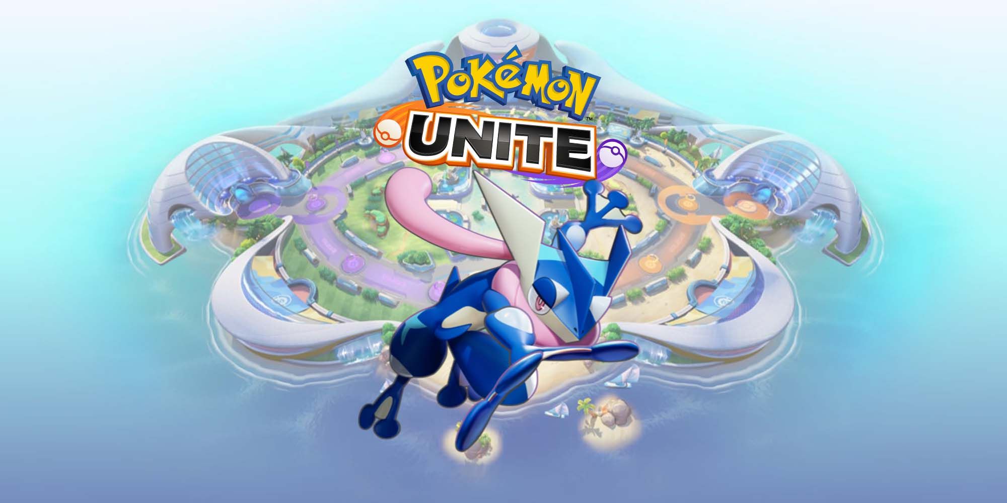 Greninja from Pokemon Unite in front of an image of the island and game logo