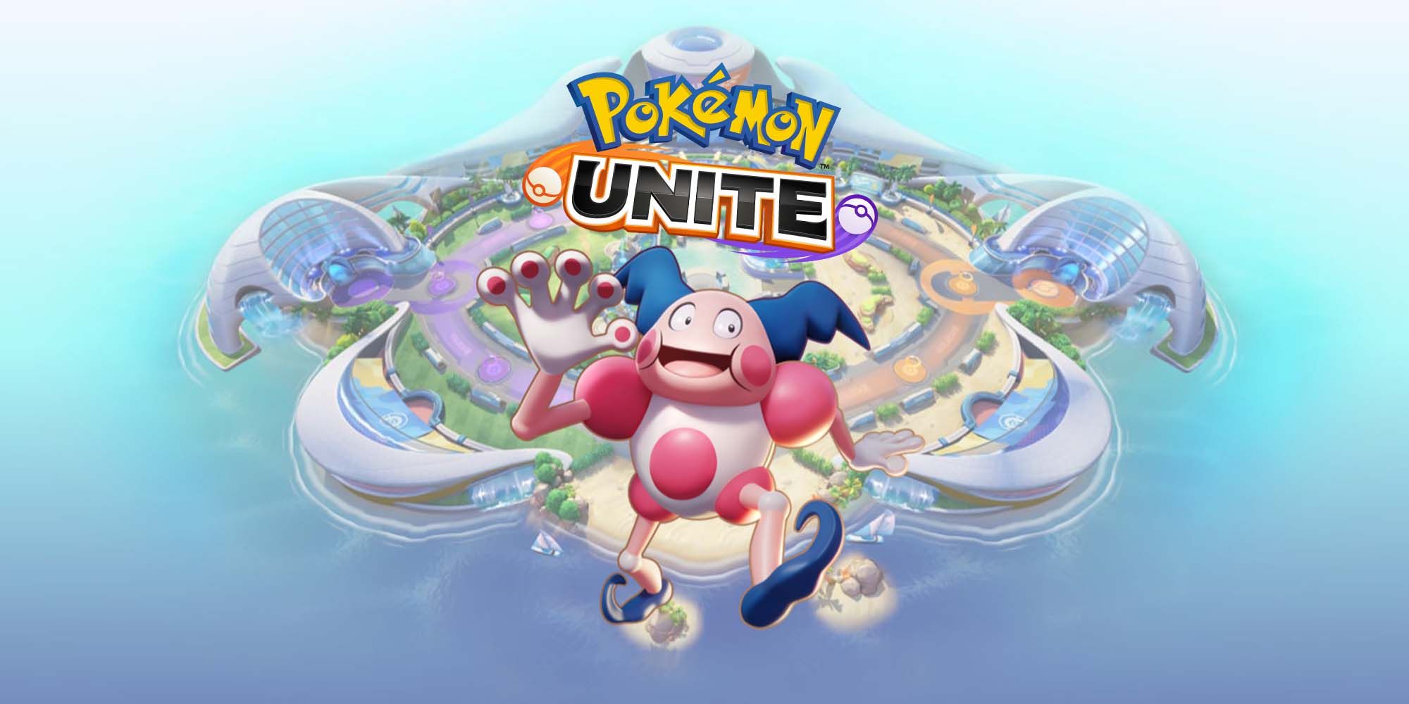 Mr. Mime from Pokemon Unite in front of an image of the island and game logo