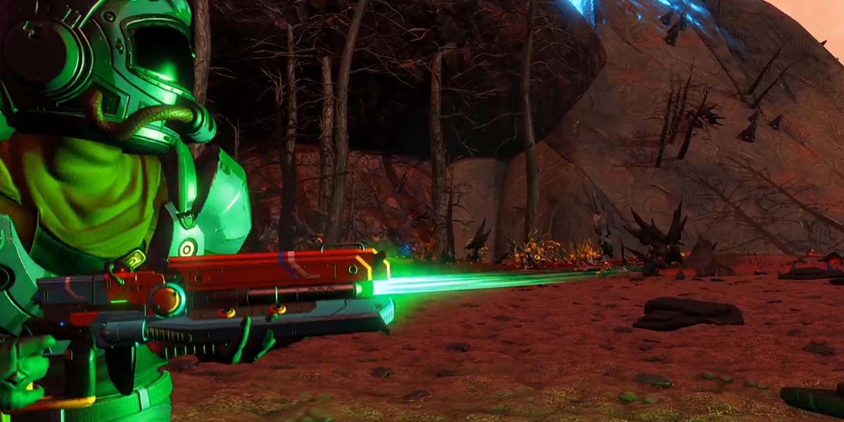 The player in No Man's Sky using the Pulse Spitter Multi-Tool weapon, which shoots out energy incredibly quickly.