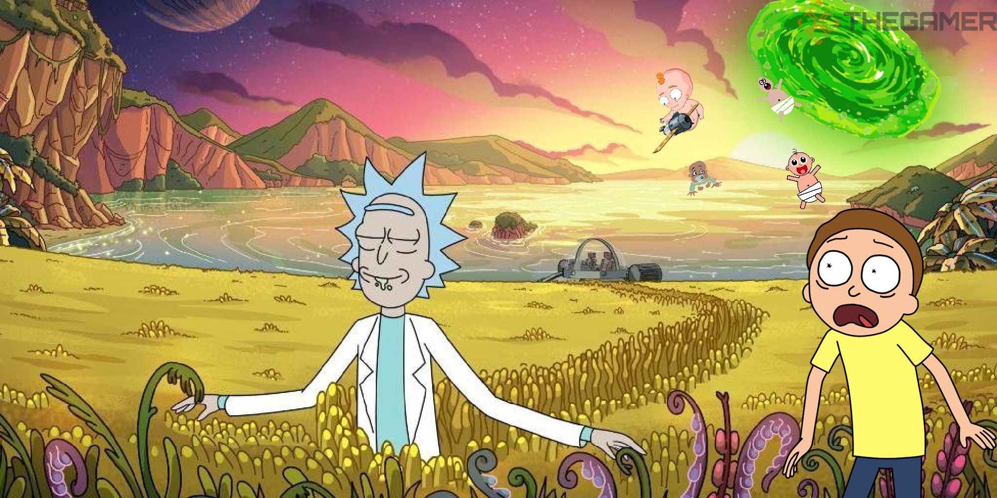 Rick calmy walks through a field while a green portal rains babies from the sky. Morty looks on in horror. 