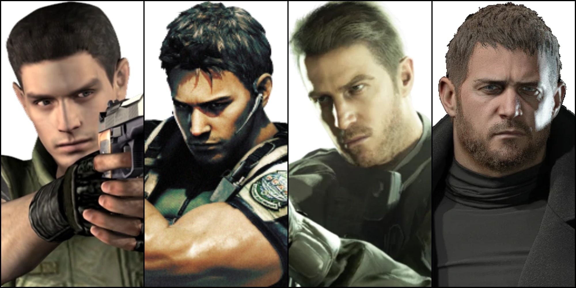 From left: Chris Redfield's face in Resident Evil 1, his face in RE5, his face in RE7, and his face in RE8