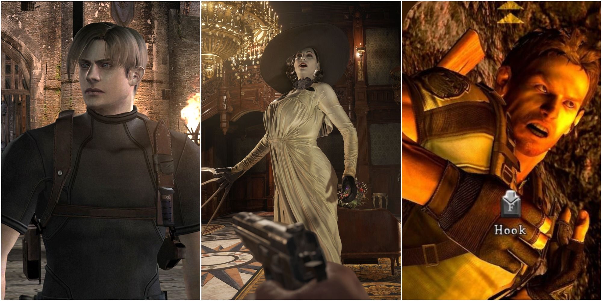 From left: A screenshot of Leon Kennedy from RE4, screenshot of Lady Dimitrescu from RE8, screenshot of Chris Redfield from RE5