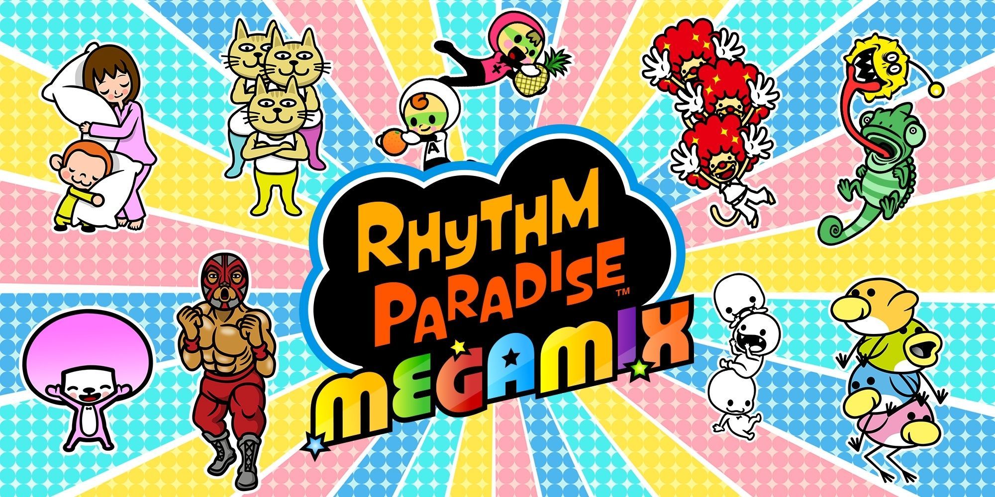 Rhythm Paradise Cast Pose In Front Of Colorful Background And Title