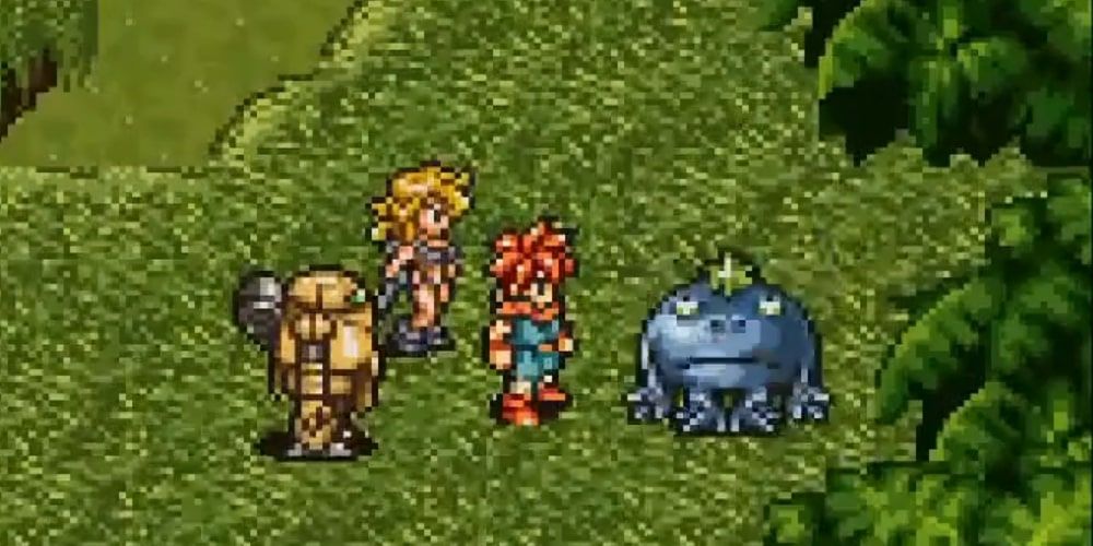 A screenshot of Robo, Ayla and Crono encountering Nu in Chrono Trigger.