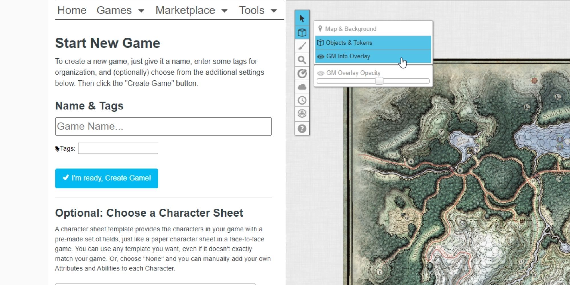 Setting up a game on Roll20 and the layer selection menu for the map page within a game.