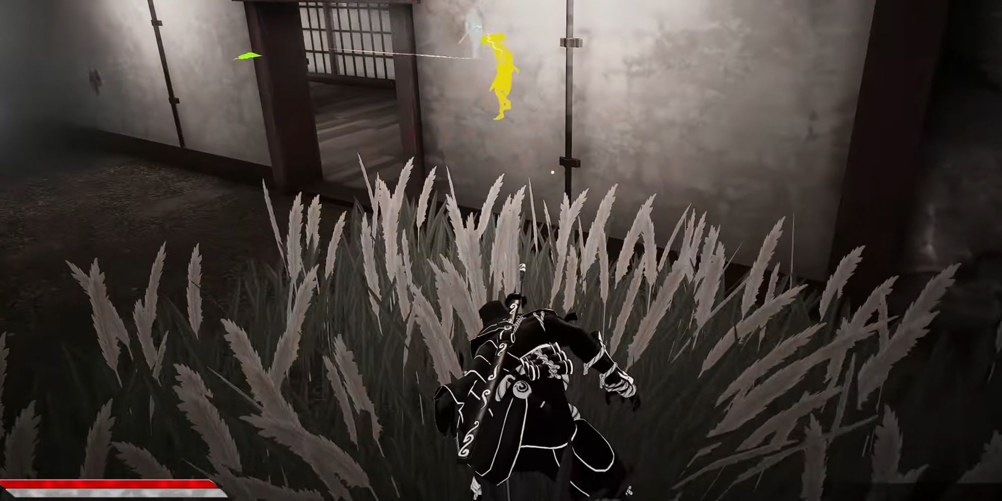 Aragami 2 hiding in the grass and looking at enemy locations.
