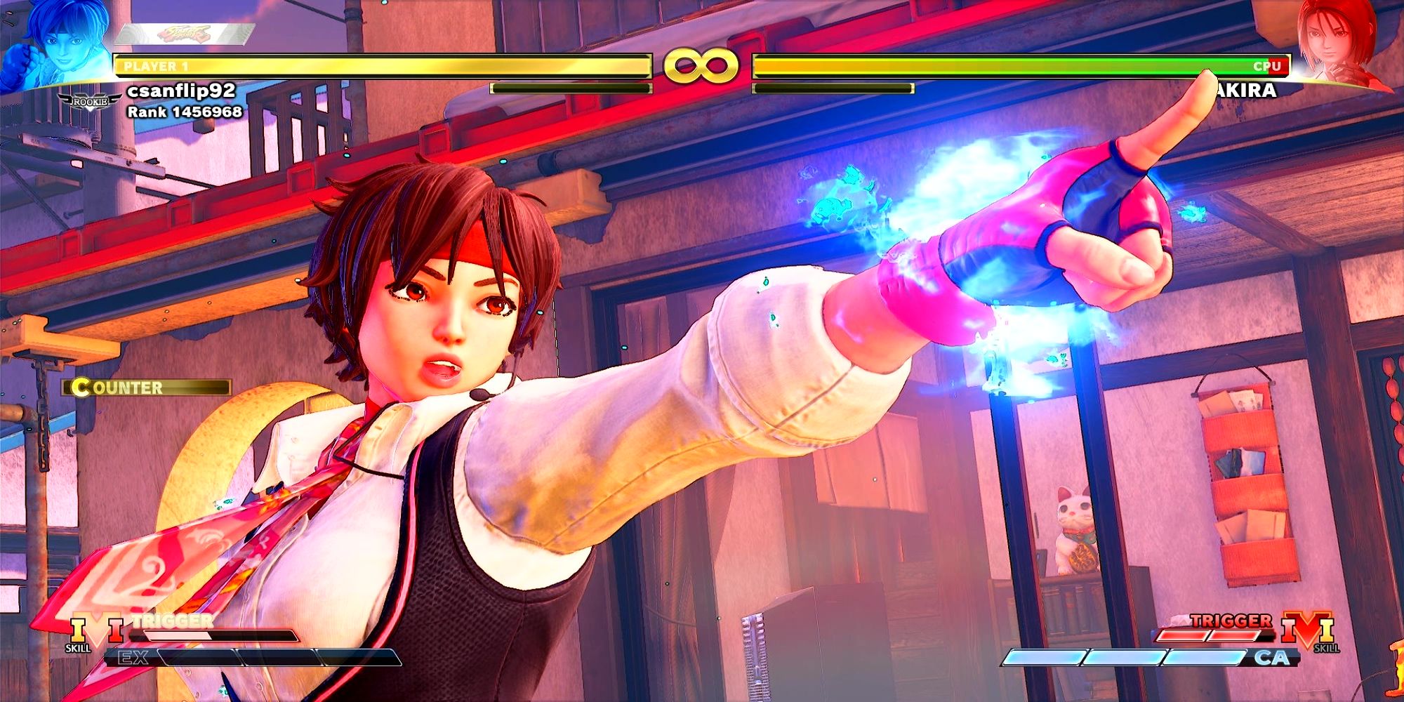 Sakura points at her opponent before hitting them with Sakura Rain in a battle at the Kasugano Residence. Street Fighter 5.