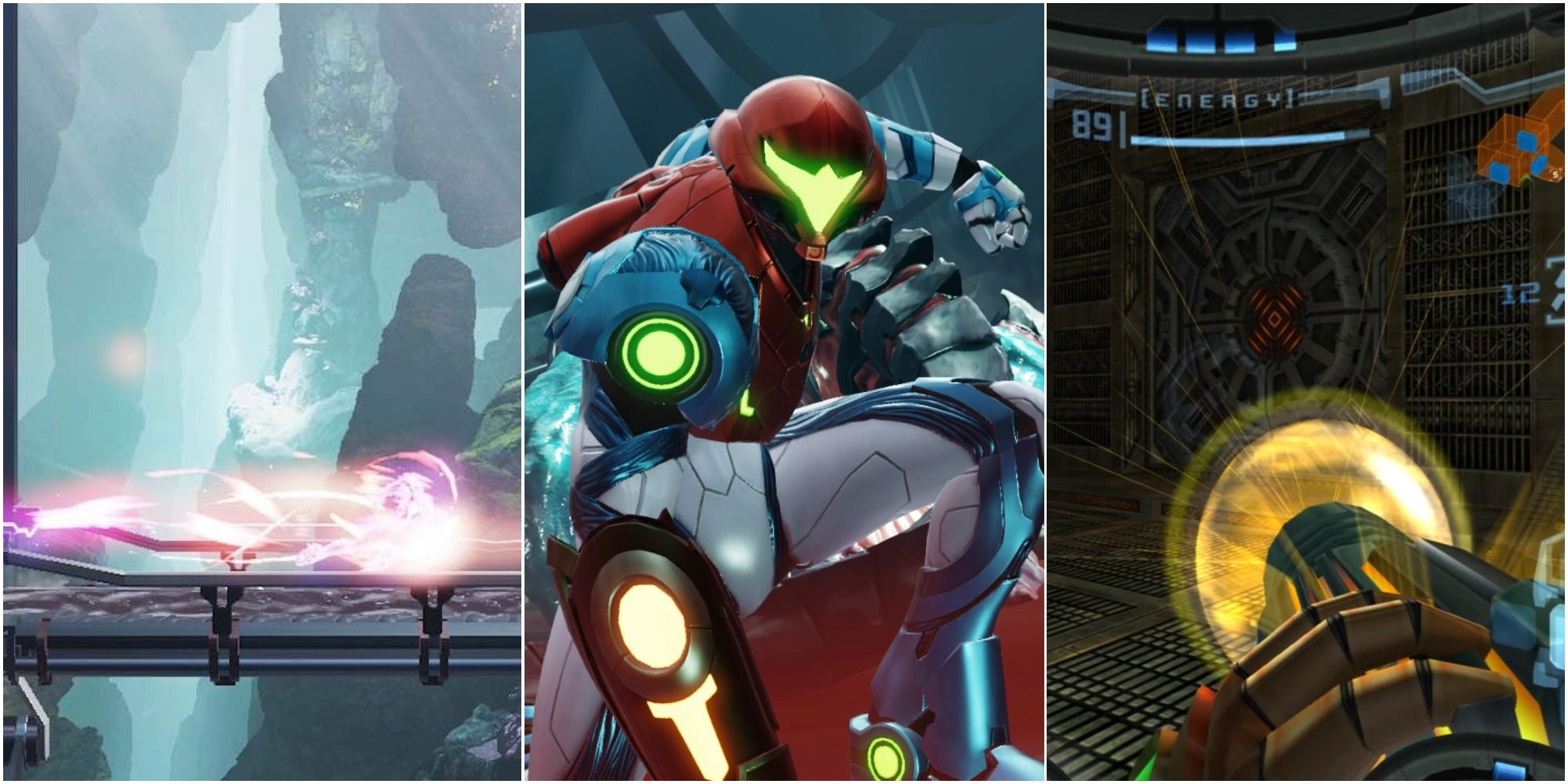 Collage of Samus using Speed Boost, kneeling, and using Charge Beam