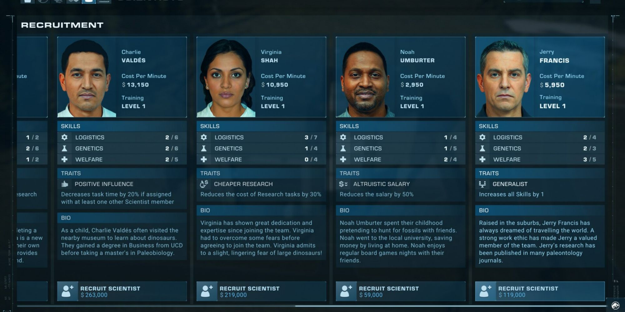 4 scientists bios and skills in Jurasic World Evolution 2