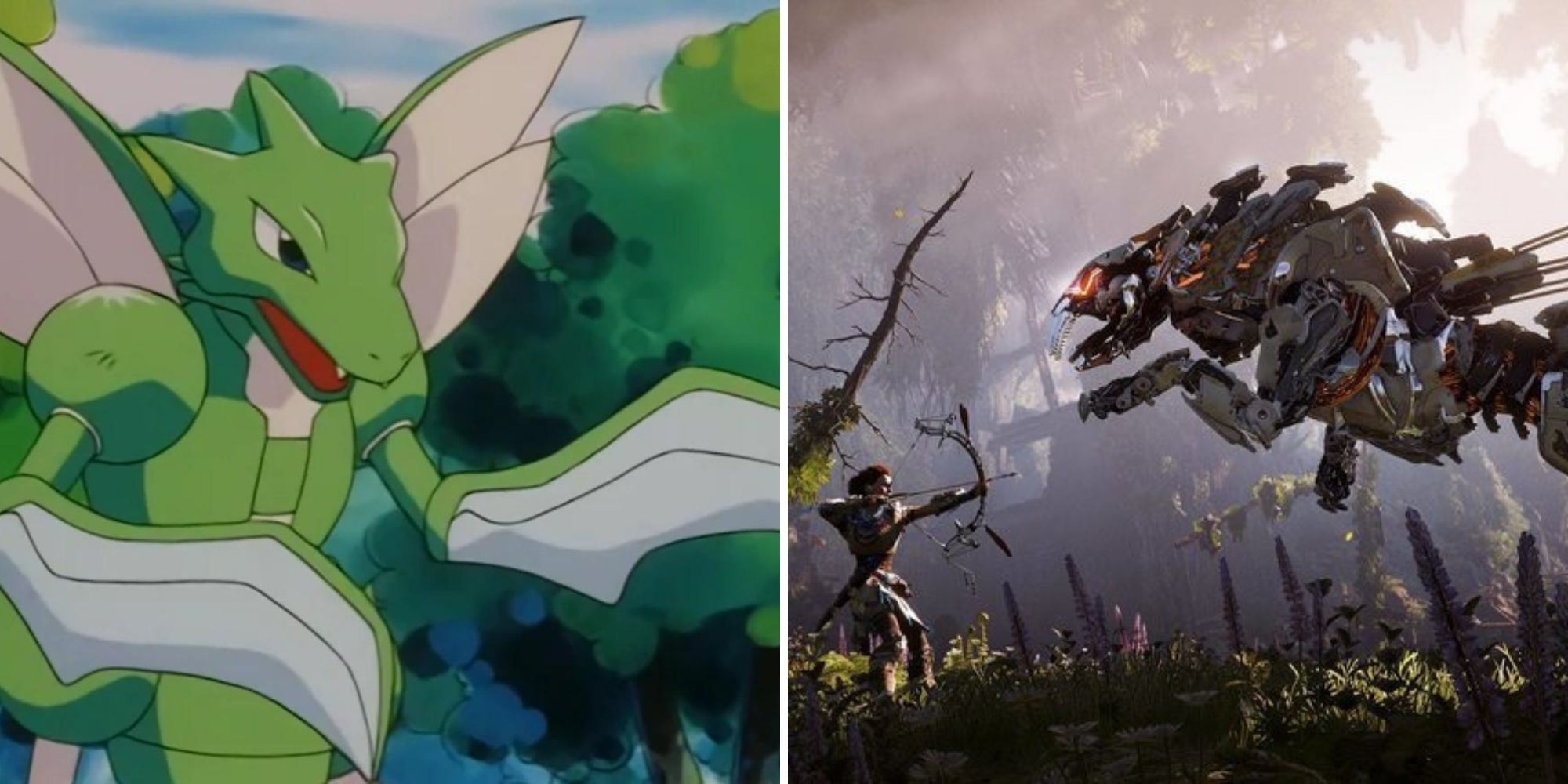 Split Image the Pokemon Scyther in woodland and Aloy from Horizon battling a Ravager