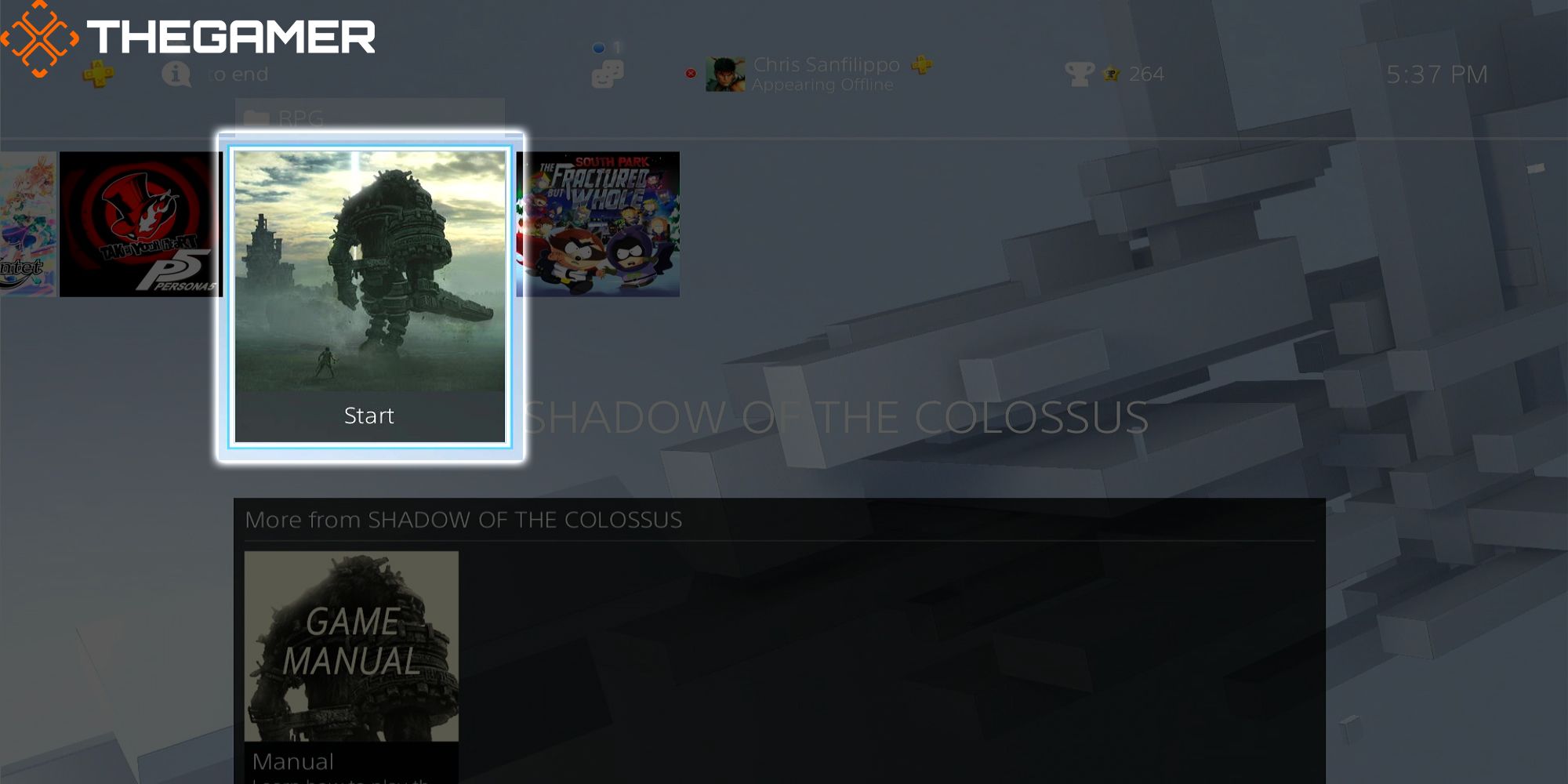 The Shadow Of The Colossus start icon in the RPG Folder of Chris's Sad PS4 Home Page.