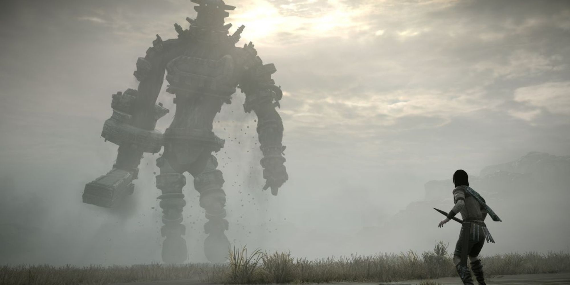 Shadow of the Colossus Wander Stands in Front of Colossi in a Empty and Foggy Field
