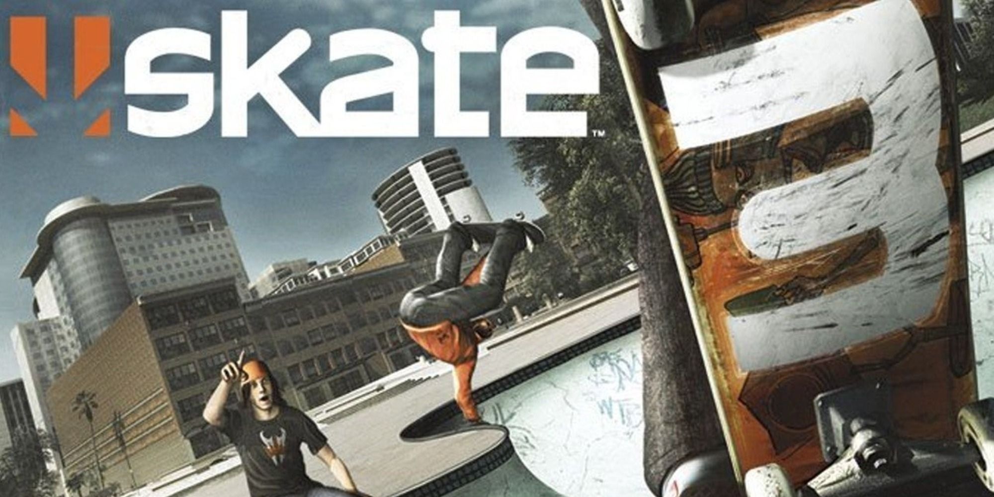 Skate 3 promotional image featuring a skateboard with the number 3 on it, a city in the background and various skaters pointing at the board