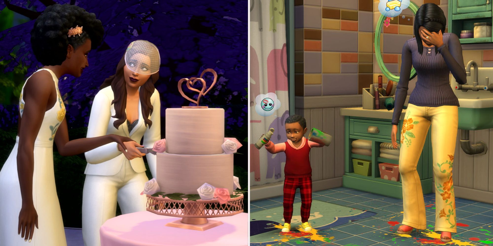 Das Spiel „Die Sims 4“ enthält meine Hochzeitsgeschichten, 2 Sims, die Kuchen anschneiden und ein Elternkind, das für Chaos sorgt