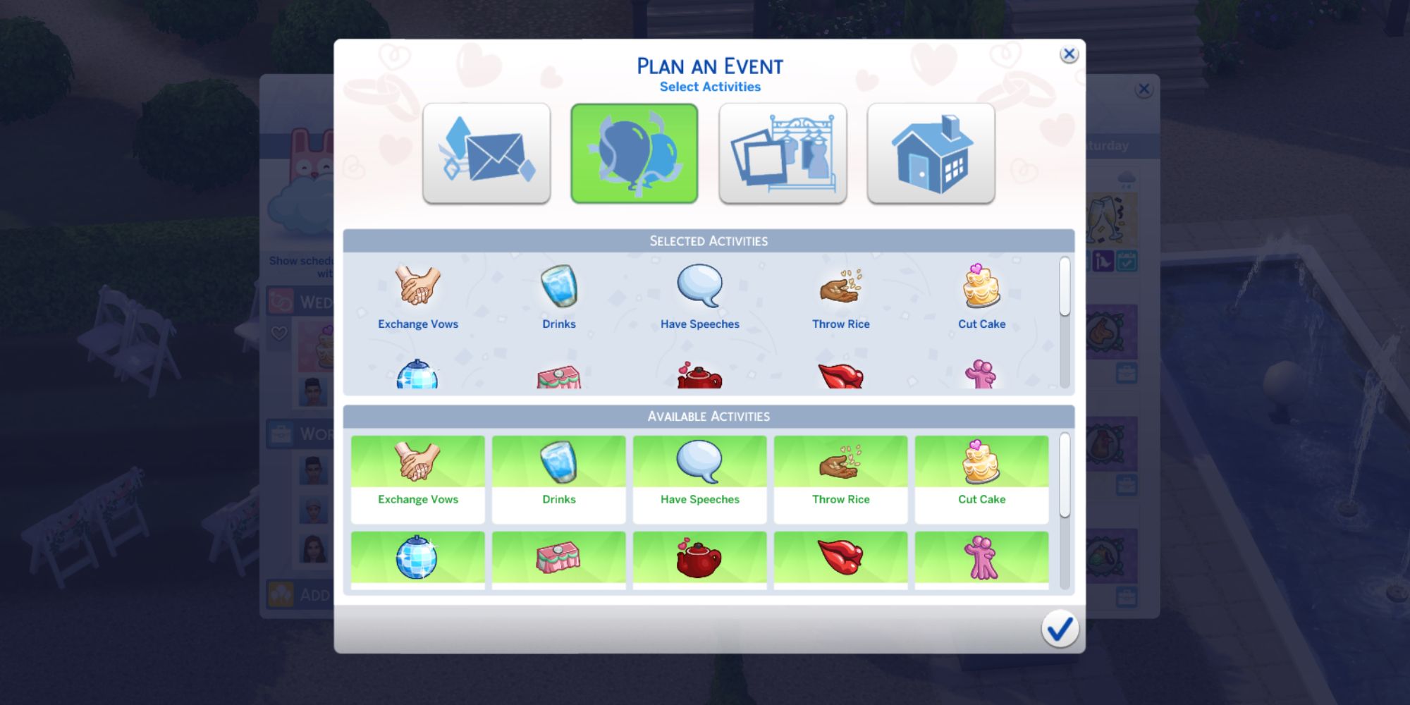 Sims 4 wedding activities list for ceremony