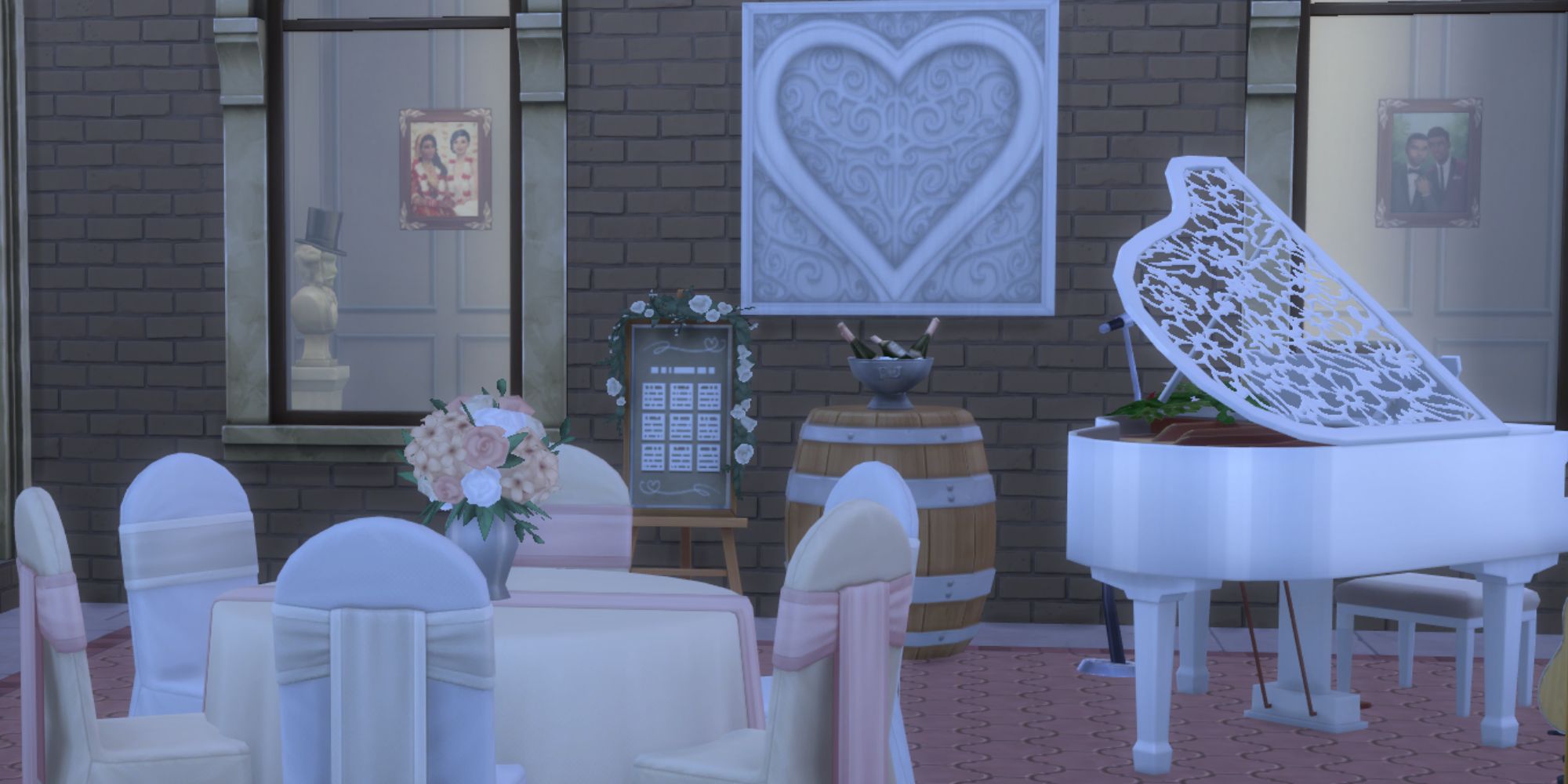 Sims 4 wedding piano toasts and tables in venue