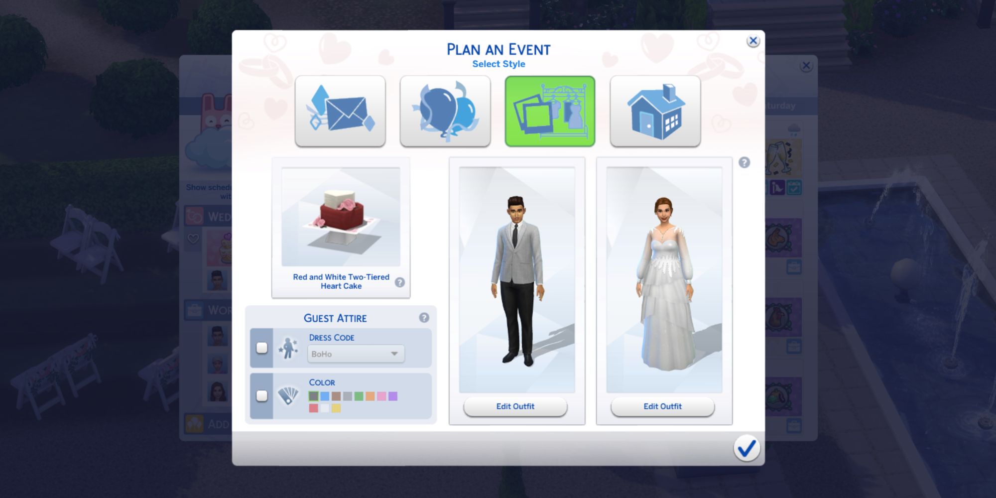 Sims 4 wedding plan an event outfit screen