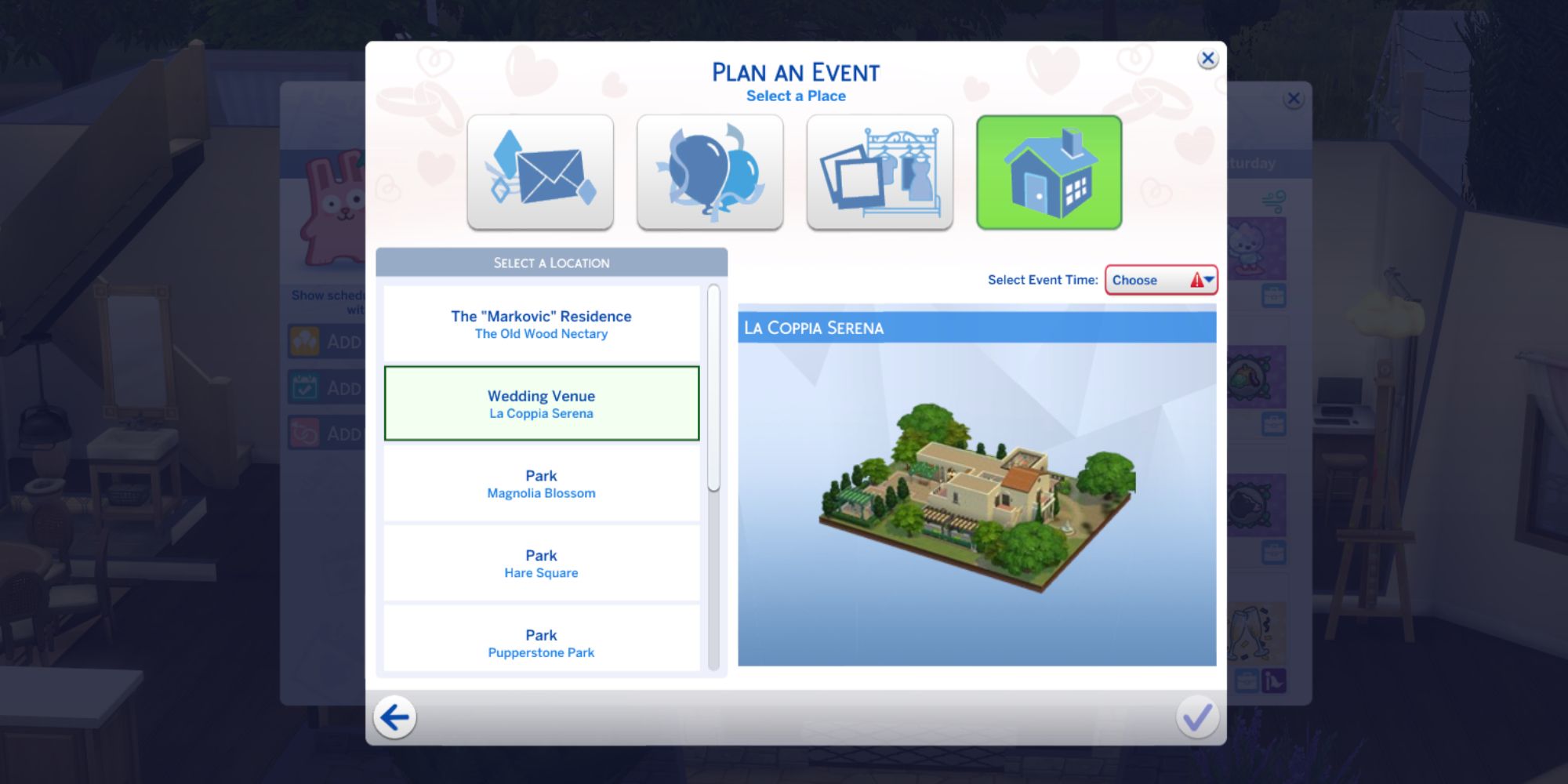 Sims 4 weddings choose a venue menu