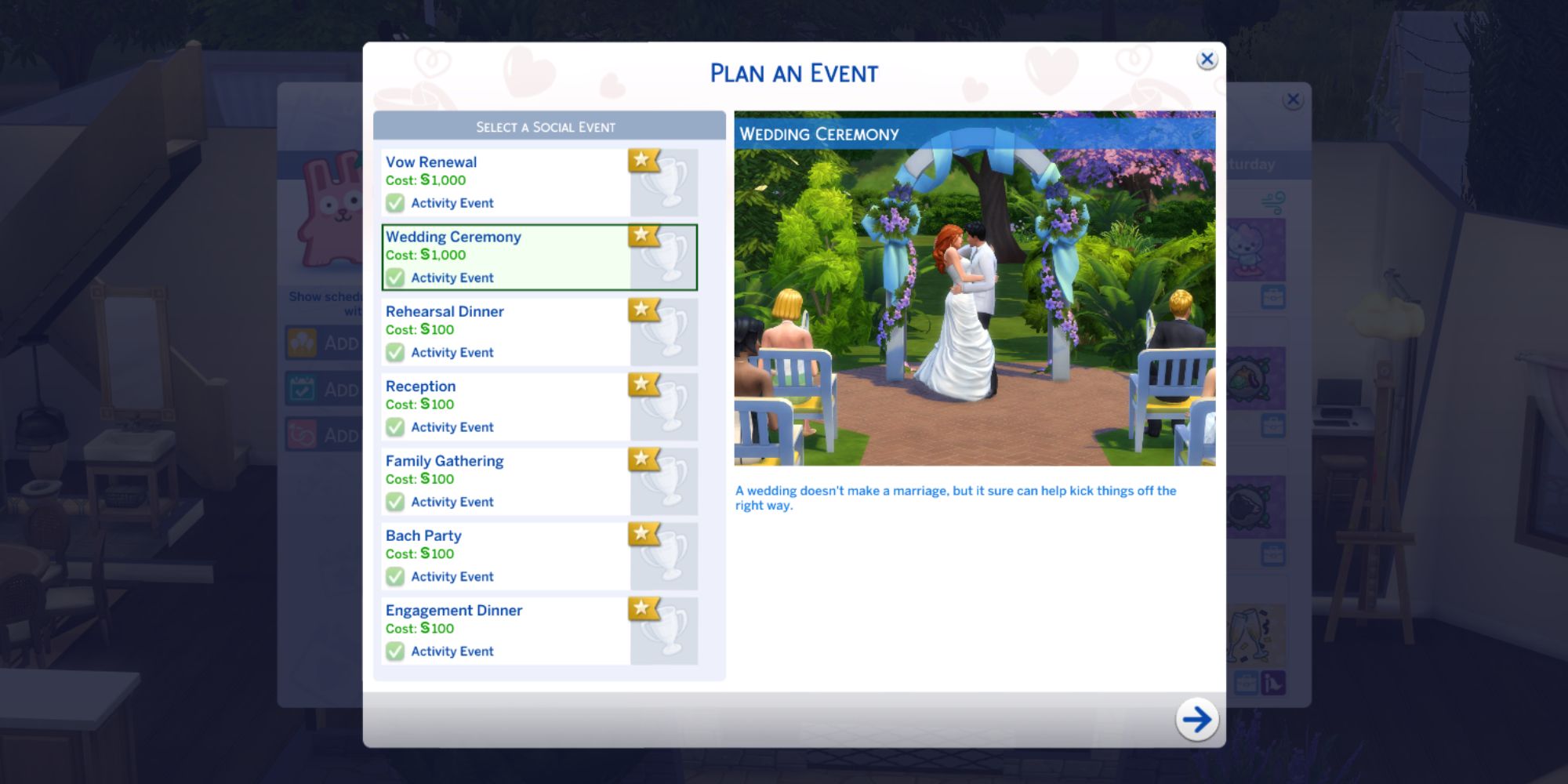 Sims 4 weddings plan an event page with wedding ceremony selected