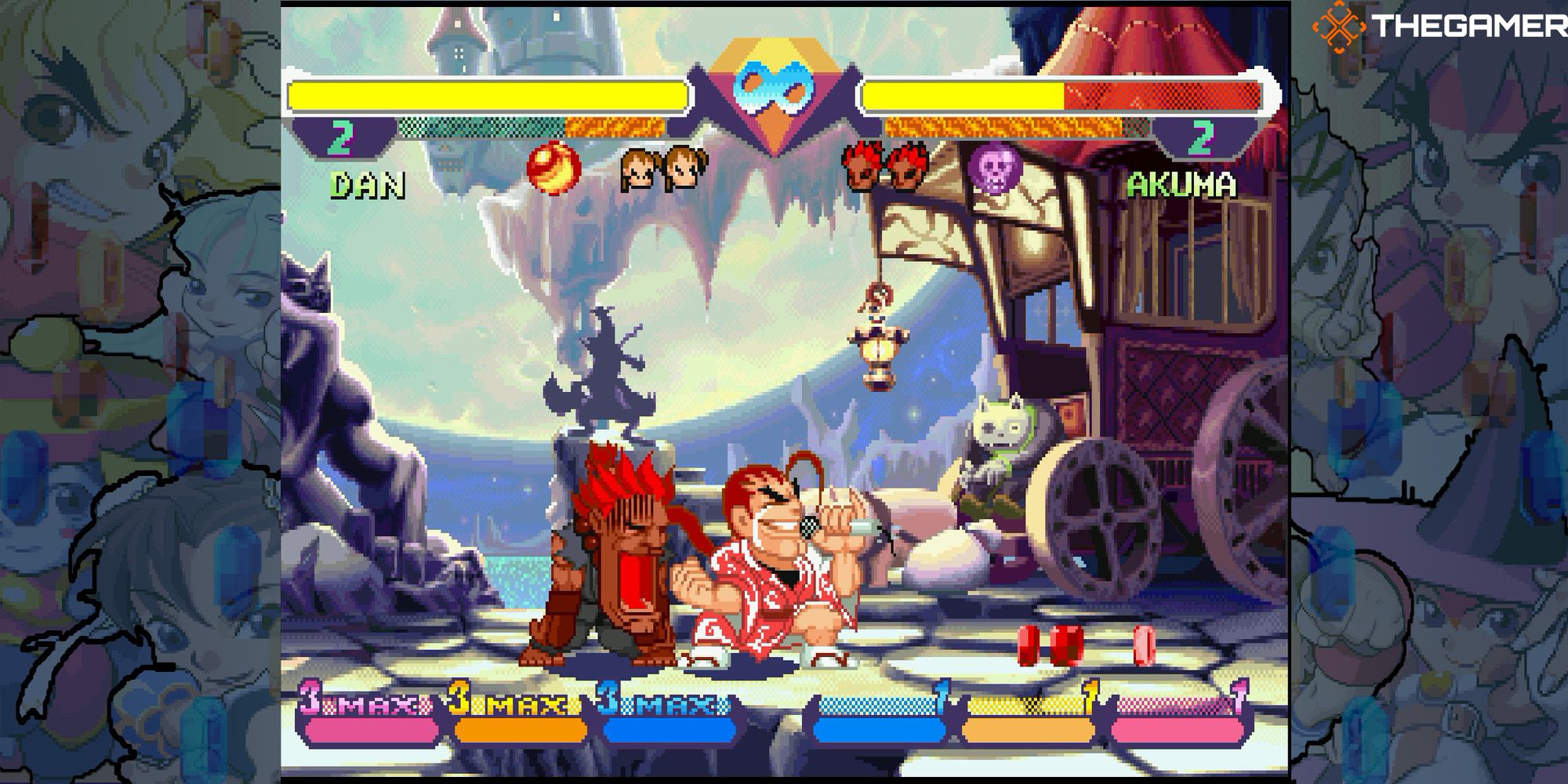 Dan mortifies Akuma with his singing in a battle at Moonlight Dark Castle. Pocket Fighter.