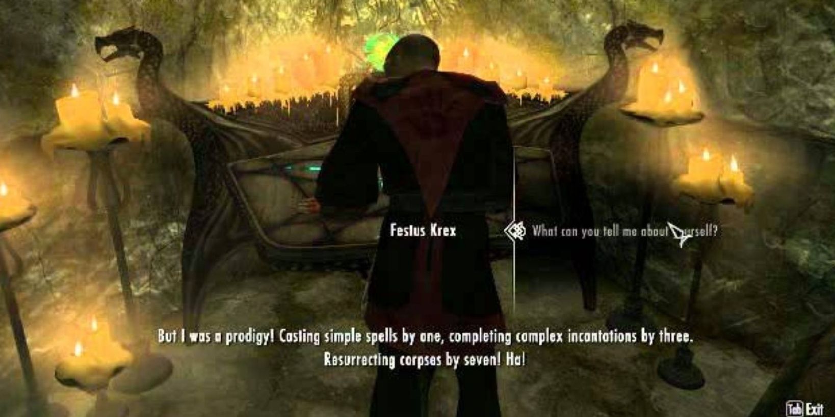 Skyrim Assassin Festus Krex doing Enchanting while speaking to a player