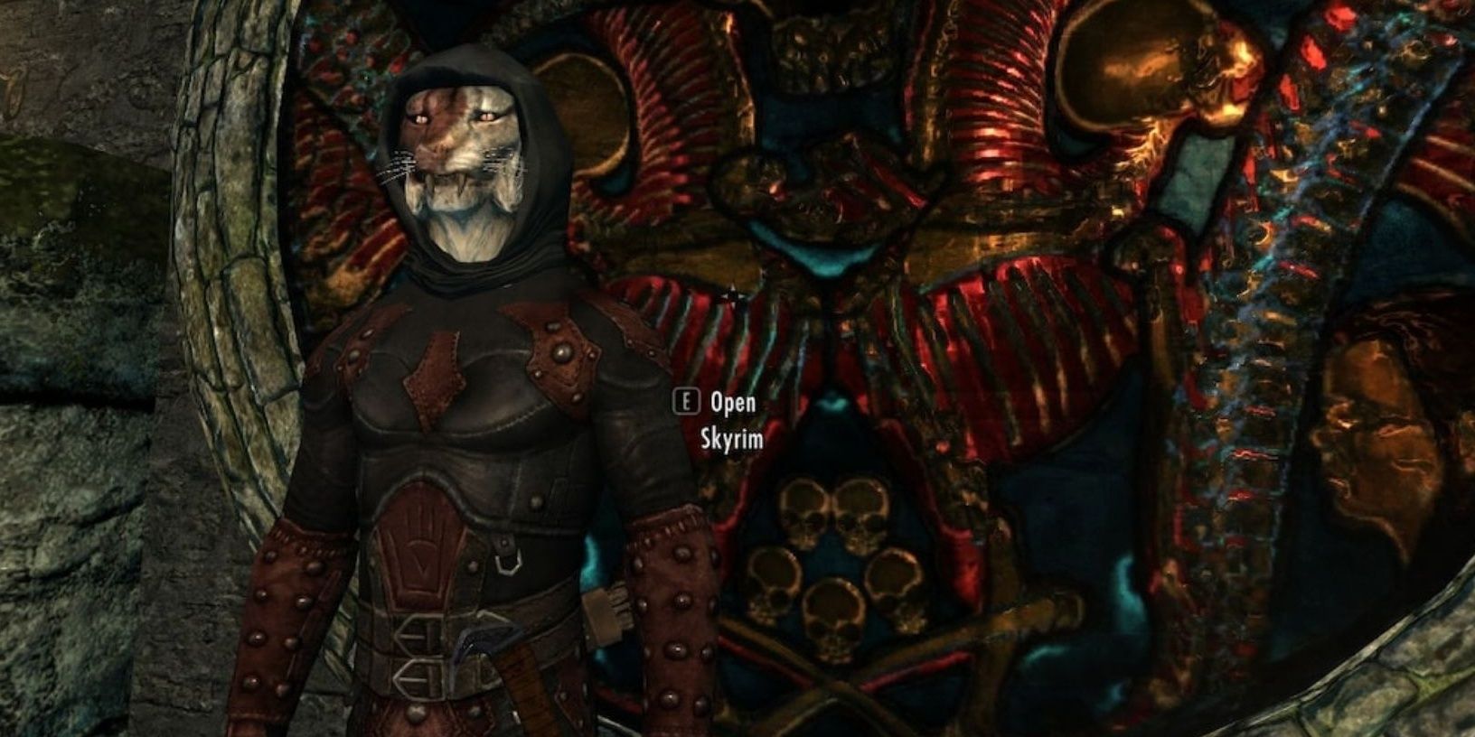 Skyrim Assassin and Vampiric Khajiit Character standing before the symbol of Sithis