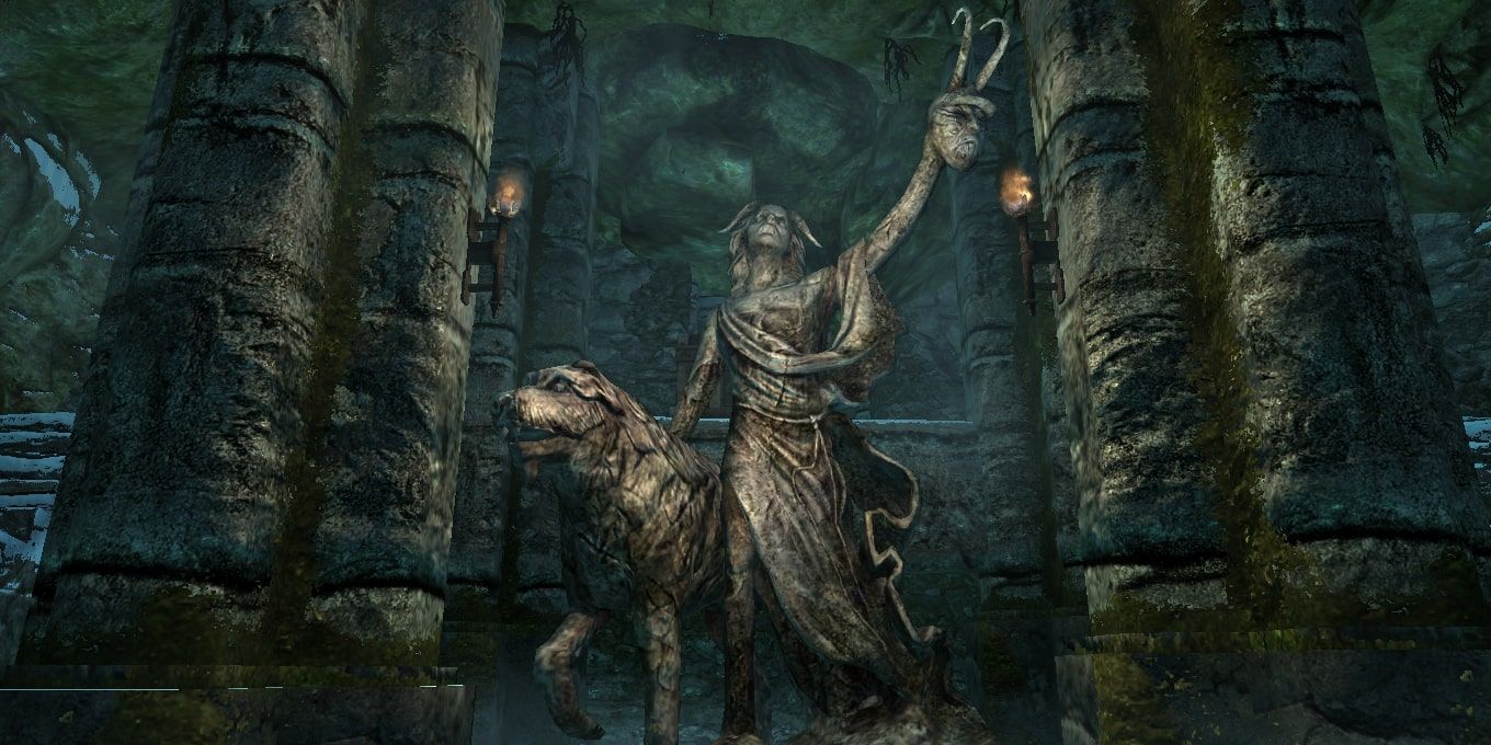 A statue of Clavicus Vile and his dog, Barbas in Skyrim.