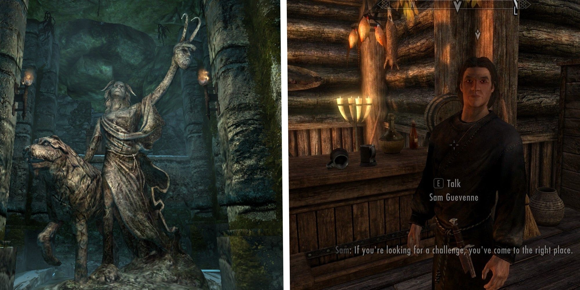 A statue of Clavicus Vile and Barbas next to Sam Guevenne, both from Skyrim. 