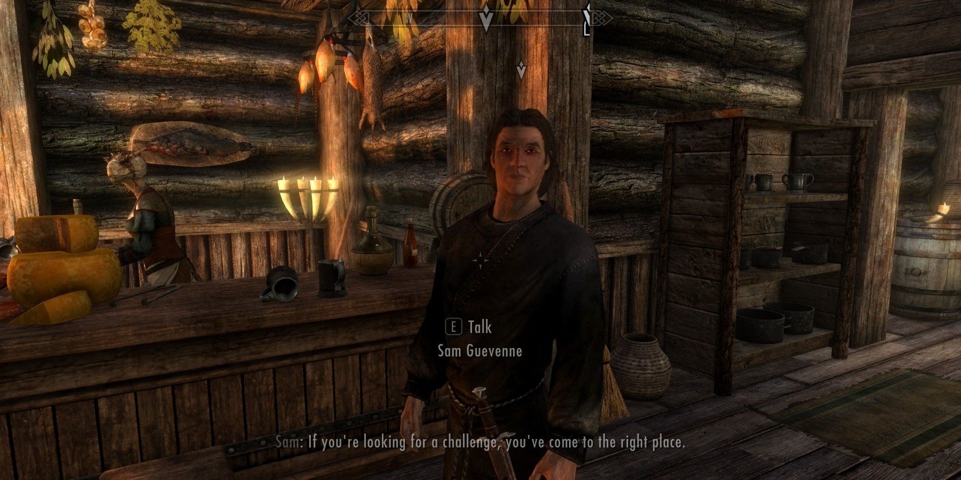 Sam Guevenne challenges the player to a drinking contest in Skyrim. 