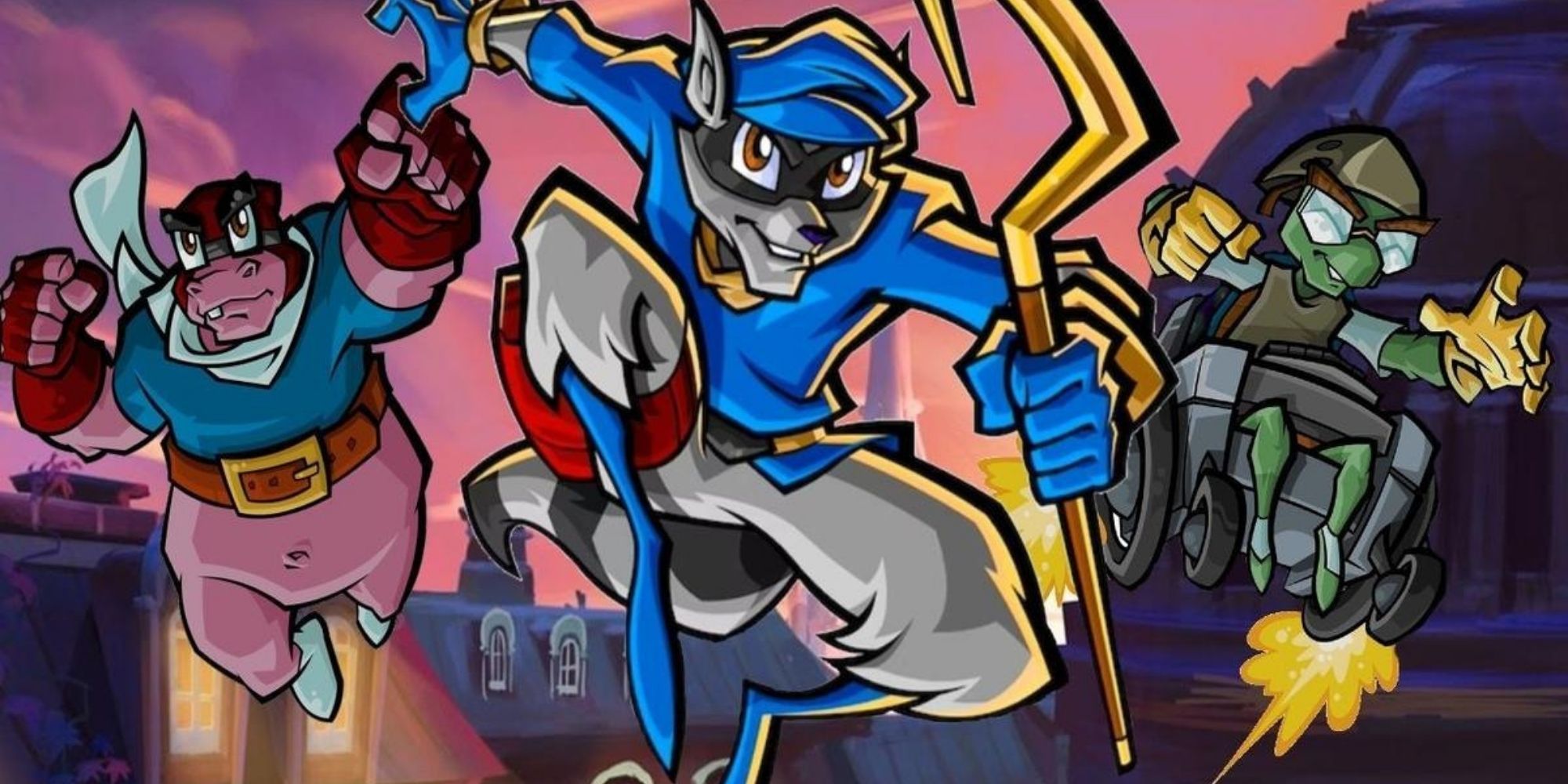 Sly Cooper Cooper Bentley and Murray Jump Towards You With the City Behind Them