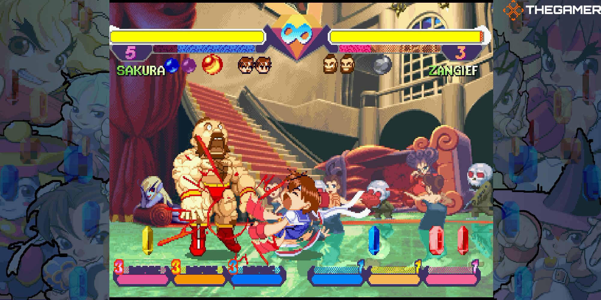 Sakura charges towards Zangief with hectic hand chops in a battle at Demitri's Moving Mansion. Pocket Fighter.