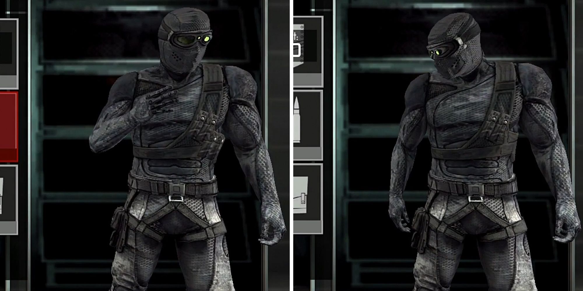Splinter Cell, split image. Stealth outfit.
