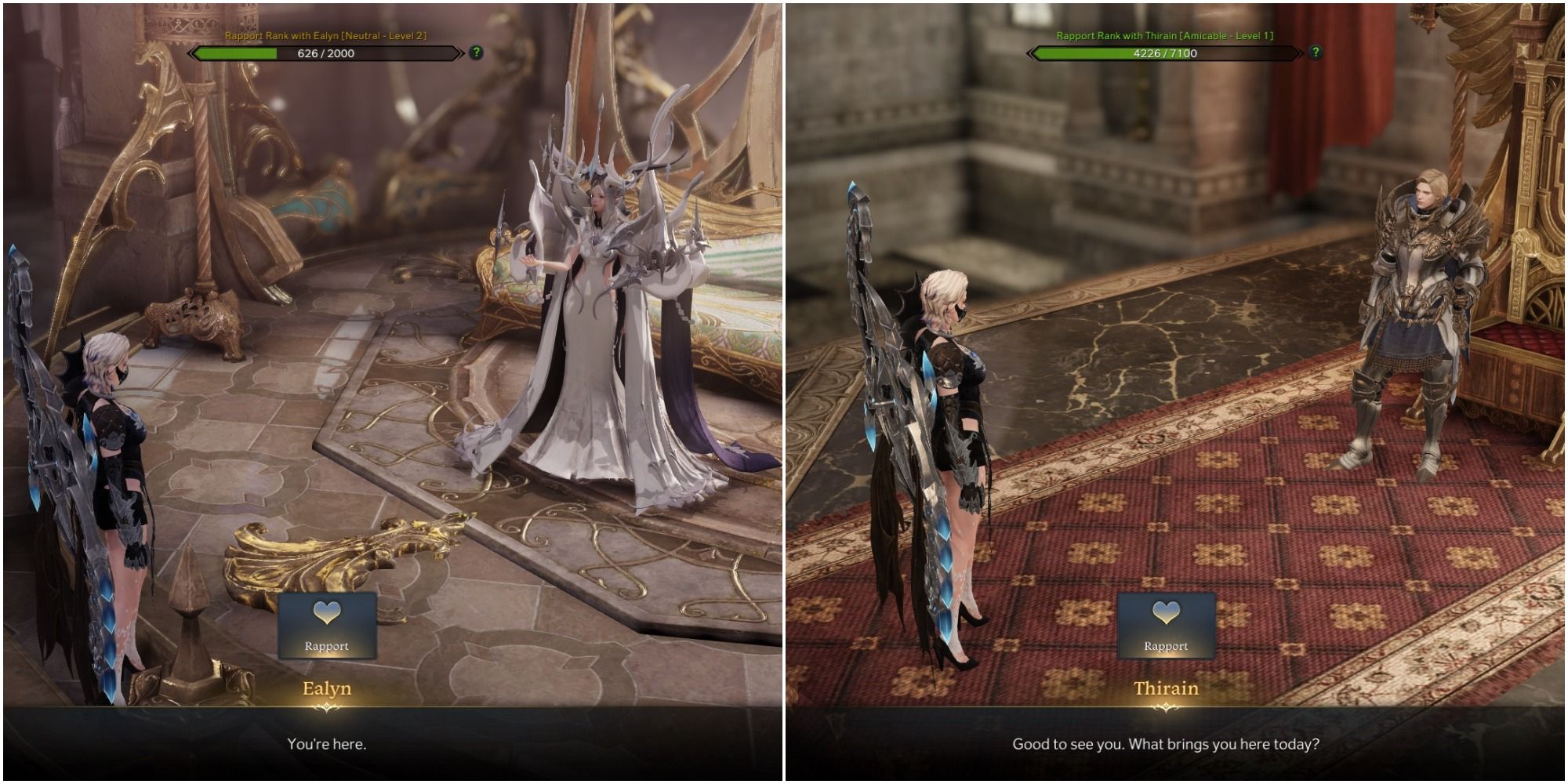 Lost Ark Split image of talking to Queen Ealyn and talking to King Thirain