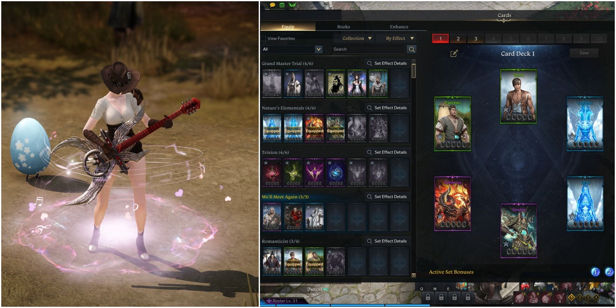 Lost Ark split image of player playing electric guitar and an open card menu 