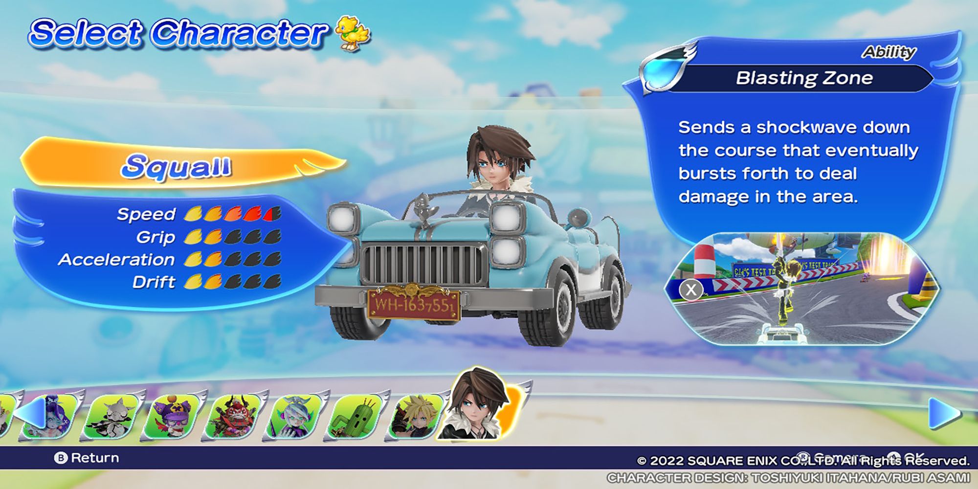 Squall's character model, along with his stats and abilities, in the Select Character menu. Chocobo GP.