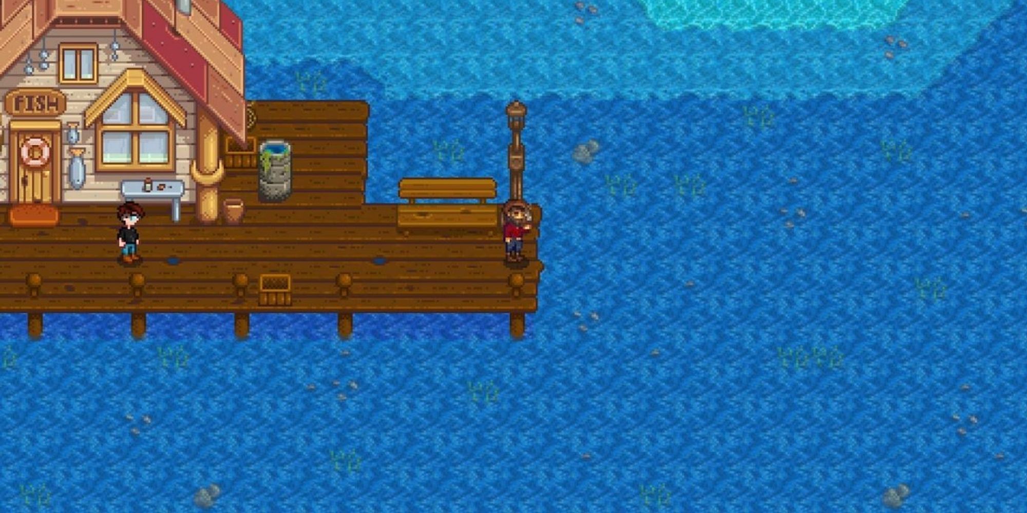 Stardew Valley Ocean - Willy standing on the ocean dock, with player character approaching from behind.
