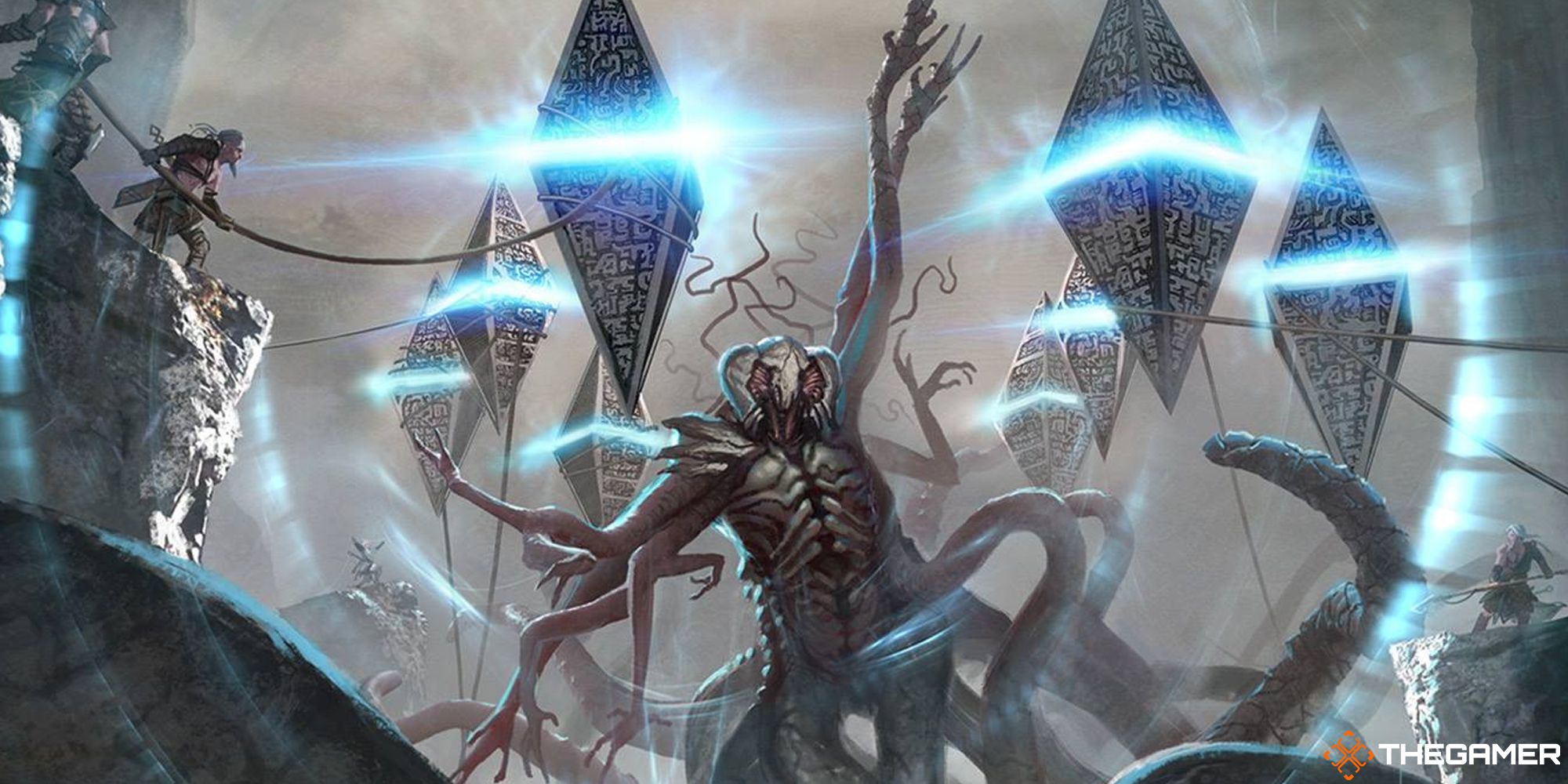 Stasis Snare by Jason Felix, from Magic the Gathering. An eldritch Eldrazi is being bound by humans who have lashed together a magical prison.