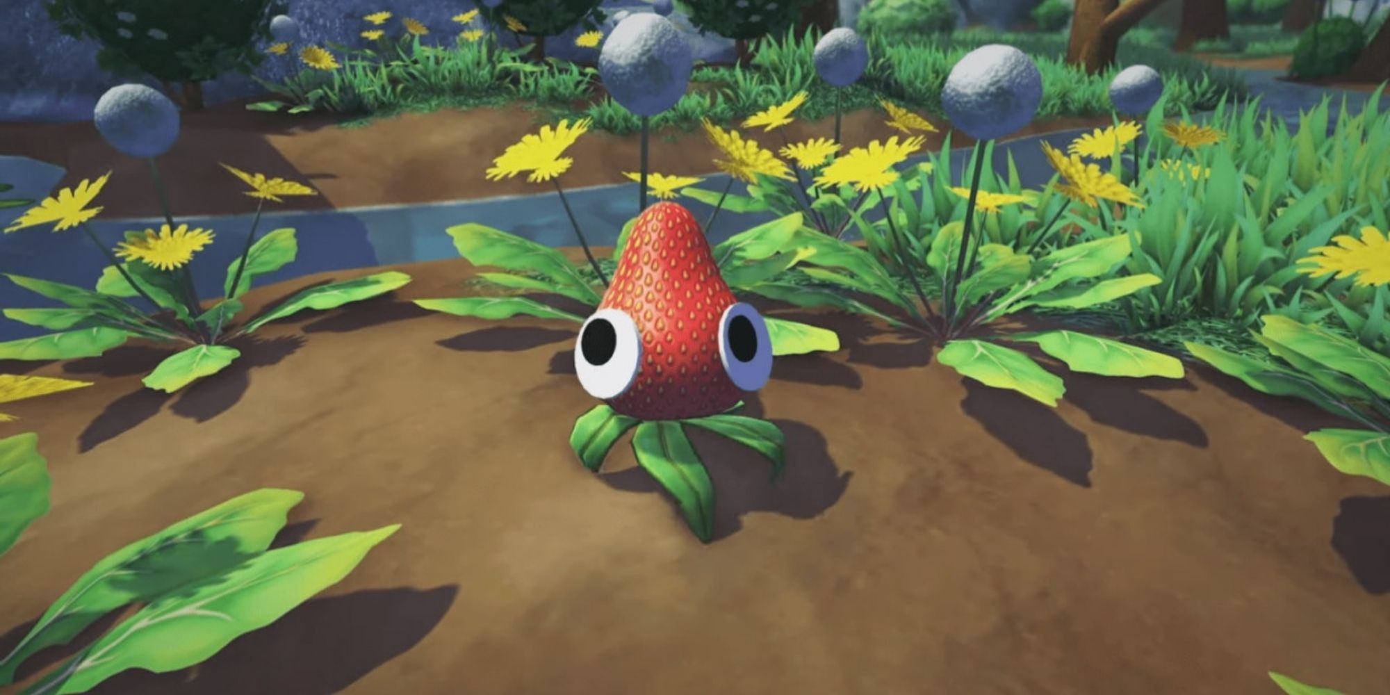 Strabby, a strawberry with googly eyes from the video game Bugsnax, looking towards the player.