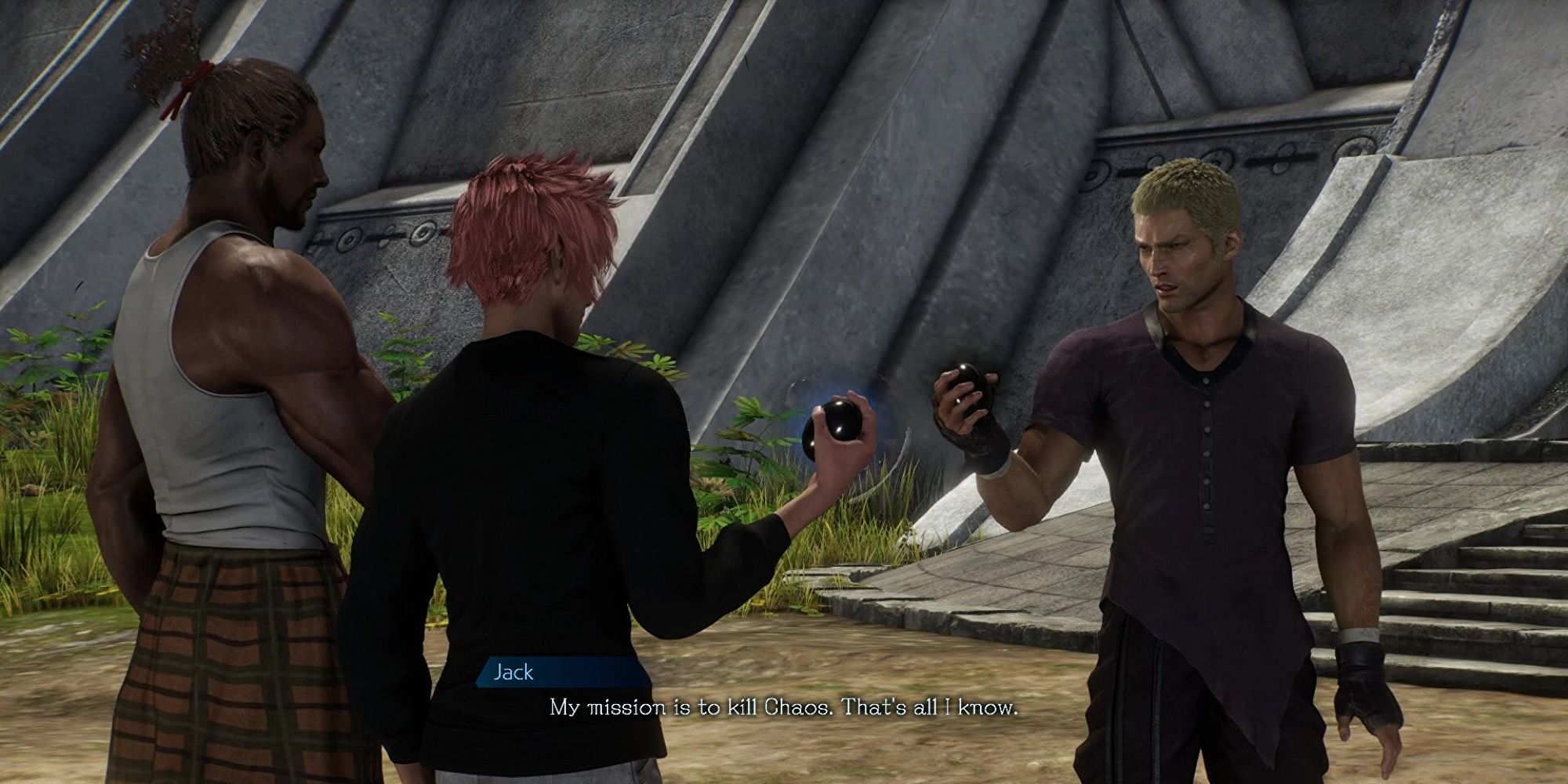 Jack, Jed, and Ash holding vibrating eggs in Stranger of Paradise: Final Fantasy Origin