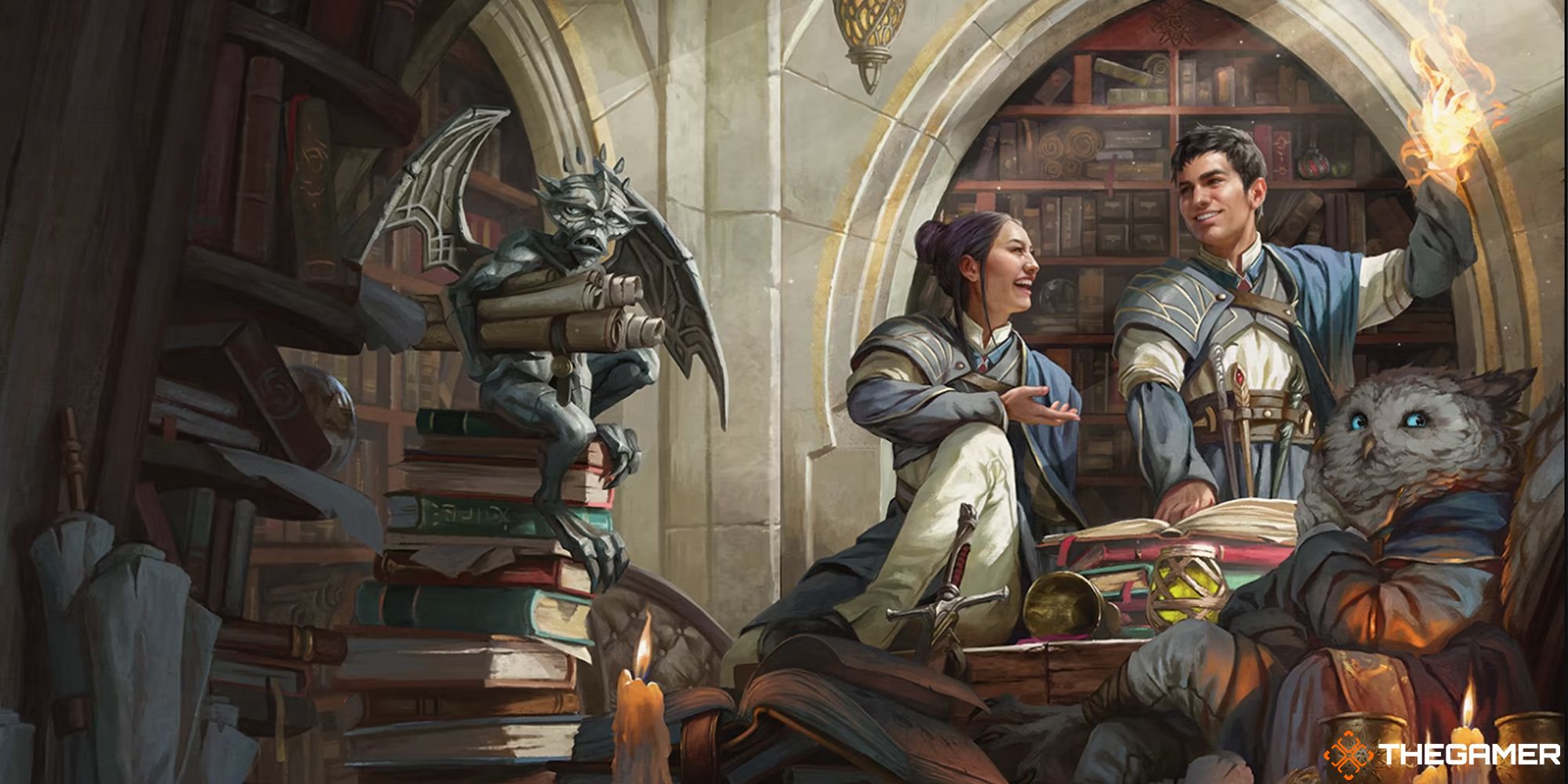 Strixhaven: A Curriculum of Chaos Cover by Magali Villeneuve. Three students study magic in a library while a small gargoyle is bored.