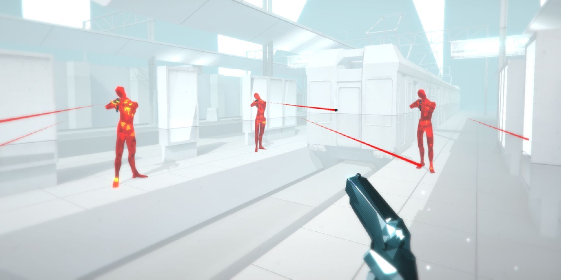 Superhot's I-move-you-move plus the slow motion means that you can get out of one-sided situations like this.