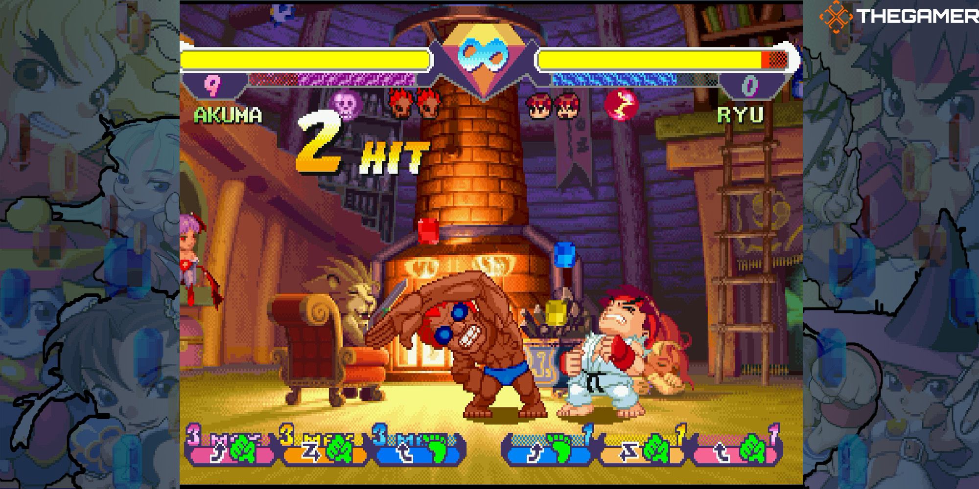 Akuma, donning goggles and a speedo knocks Ryu in the face while stretching in Tessa's Den. Pocket Fighter.