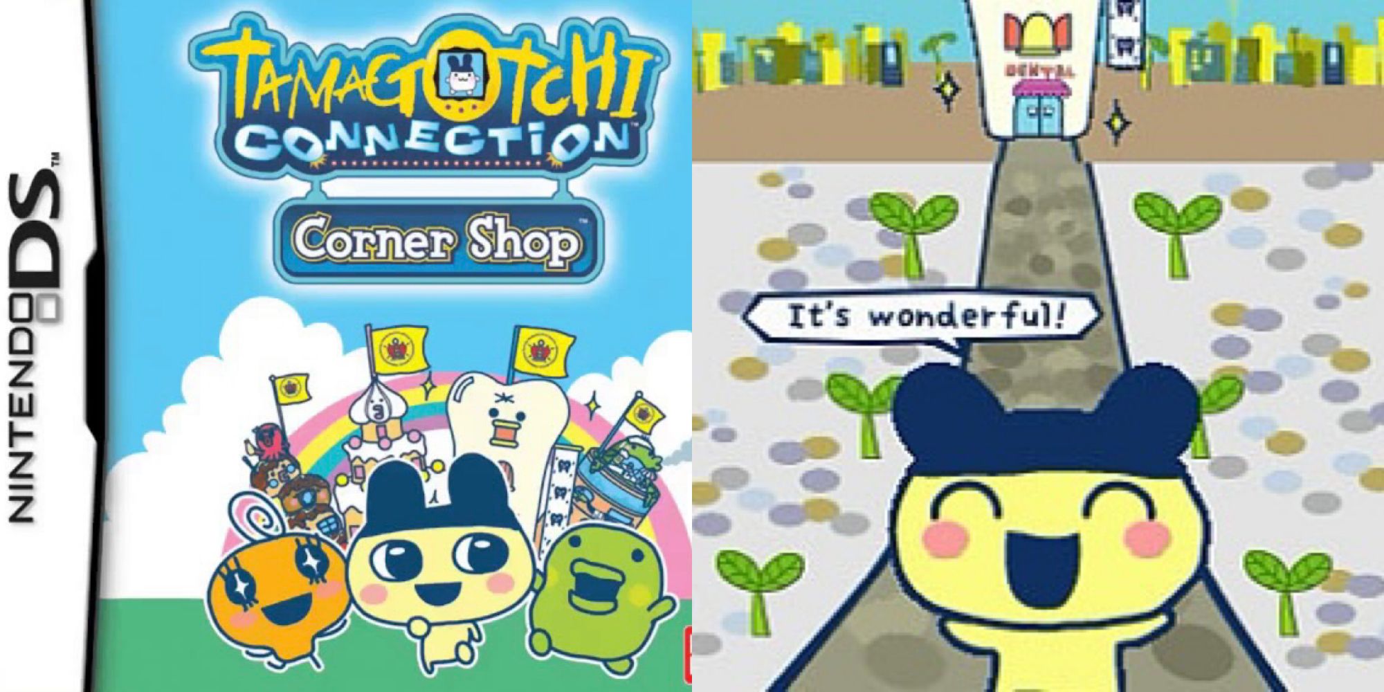 Split image of Tamagotchi Corner Shop. Left image is Nintendo DS Cover, Right image is Mametchi cheering